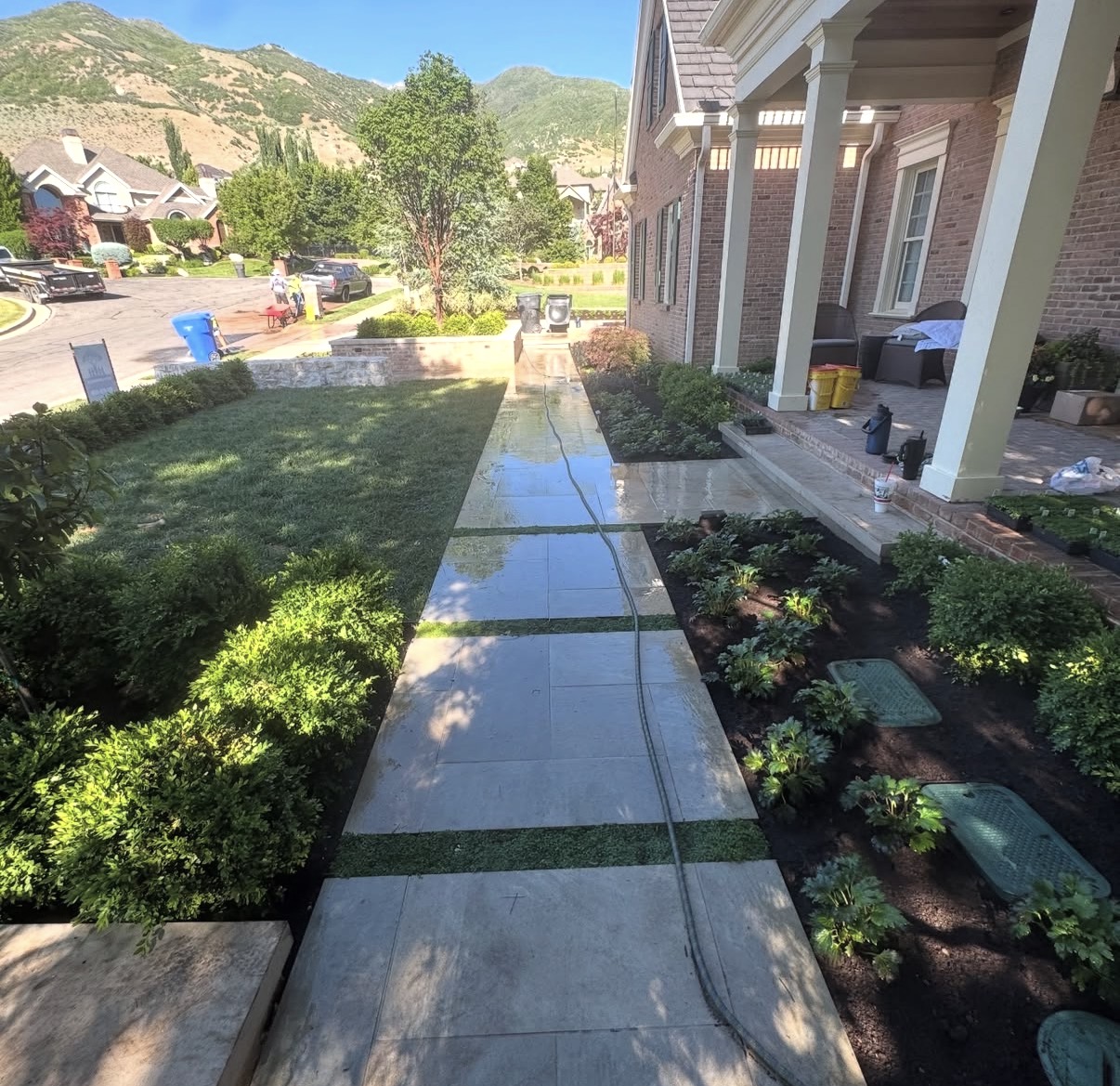 Stone walkway with planting beds in Utah